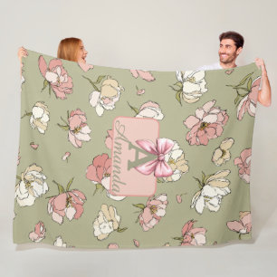 Hand-Drawn Peony Pattern Fleece Blanket