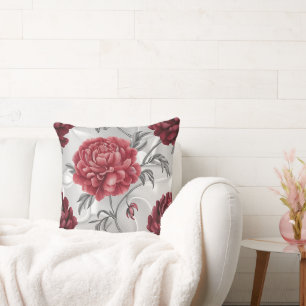 Hand-Drawn Peony Throw Pillow Cover Elegant Crimso