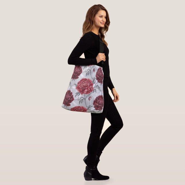  Hand-Drawn Peony Tote Bag – Elegant Crimson  (On Model)
