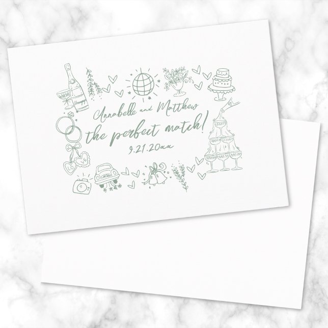 Hand Drawn Perfect Match Green Whimsical Wedding Invitation (Hand Drawn Perfect Match Green Whimsical Wedding Invitation)