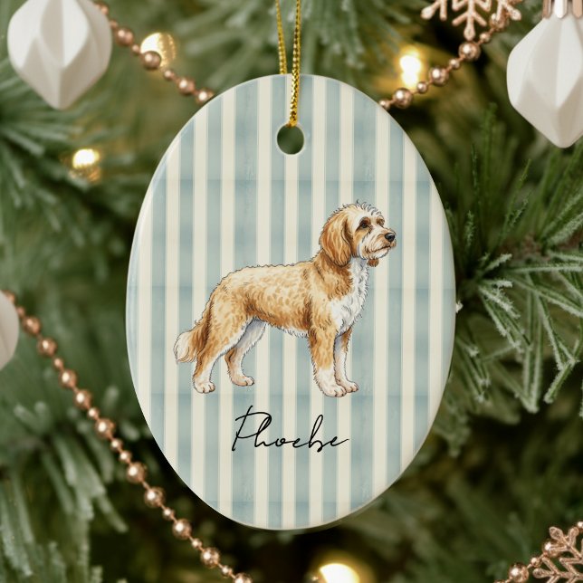 Hand Drawn Pet Portrait Sketch Golden Doodle Ceramic Tree Decoration (Celebrate the holidays with this timeless, vintage striped pet portrait! )