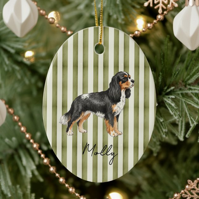 Hand Drawn Pet Portrait Sketch King Cavalier Ceramic Tree Decoration (Celebrate the holidays with this timeless, vintage striped pet portrait! )