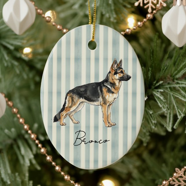 Hand Drawn Pet Portrait Watercolor German Shepherd Ceramic Tree Decoration (Celebrate the holidays with this timeless, vintage striped pet portrait! )