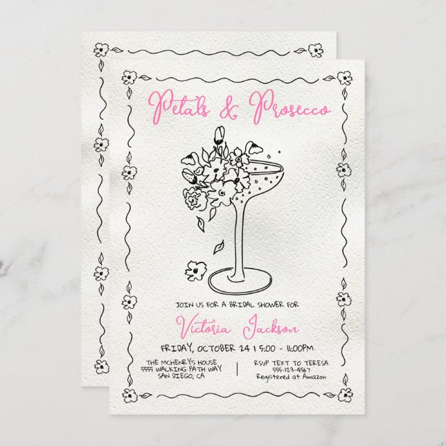 Hand Drawn Petals and Presecco Bridal Shower Invitation (Front/Back)