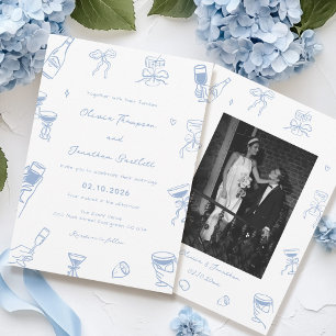Hand Drawn Photo Dusty Blue Wedding Invitation