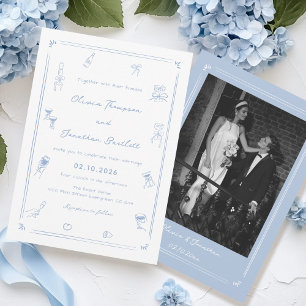 Hand Drawn Photo White and Dusty Blue Wedding  Invitation