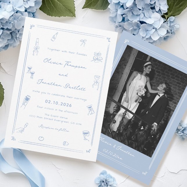 Hand Drawn Photo White and Dusty Blue Wedding  Invitation (Creator Uploaded)