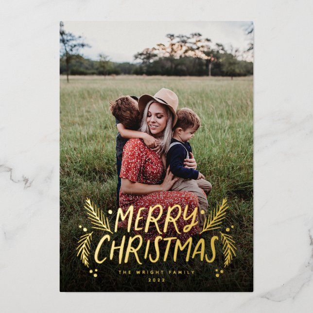 Hand Drawn Pine Berries Foil Holiday Card (Front)