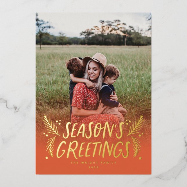 Hand Drawn Pine Berries Foil Holiday Card (Front)