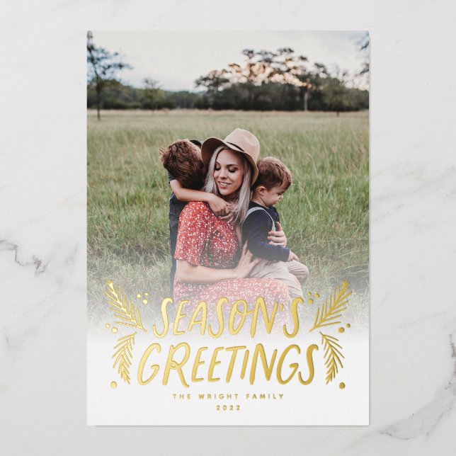 Hand Drawn Pine Berries Foil Holiday Card (Front)