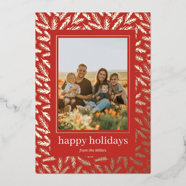 Hand drawn pine frame foil Holiday photo card (Front)