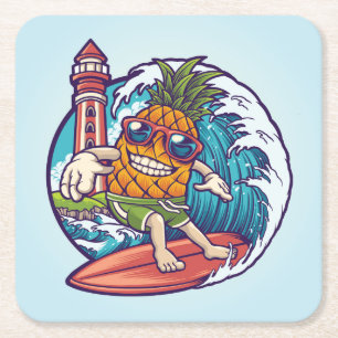 Hand Drawn Pineapple Surfer Abstract Square Paper Coaster