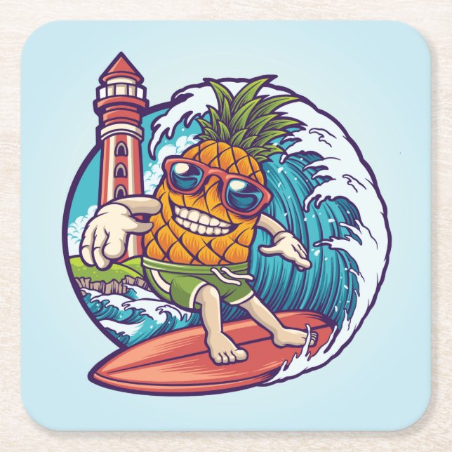 Hand Drawn Pineapple Surfer Abstract Square Paper Coaster (Front)