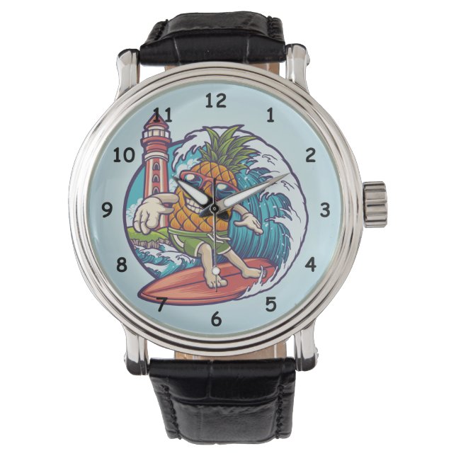 Hand Drawn Pineapple Surfer Abstract Watch (Front)