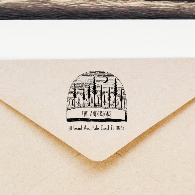 Hand-drawn Pines Landscape Family Return Address Rubber Stamp (Creator Uploaded)