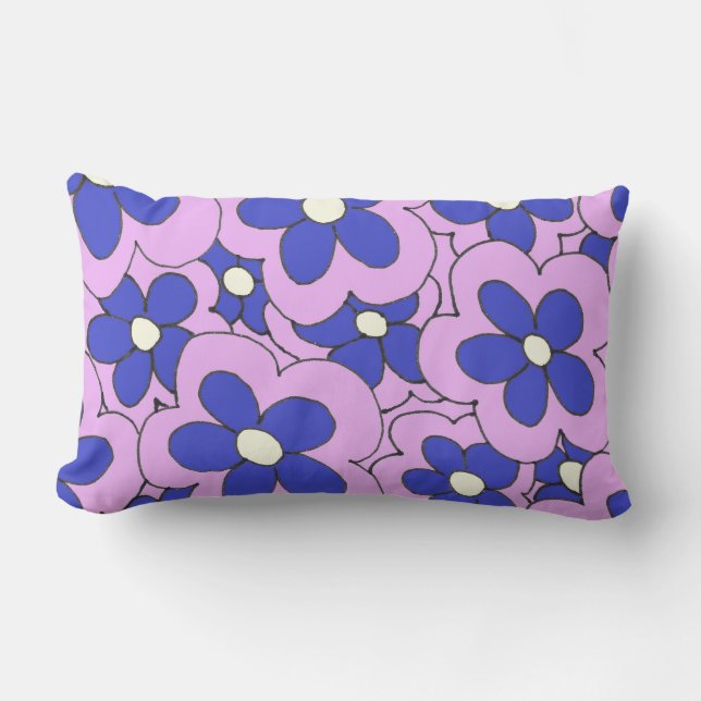 Hand Drawn Pink and Blue Flower Design Lumbar Cushion (Front)