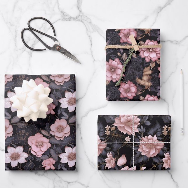 Hand-Drawn Pink and Gold 3D Flower Pattern Wrapping Paper Sheet (Front)