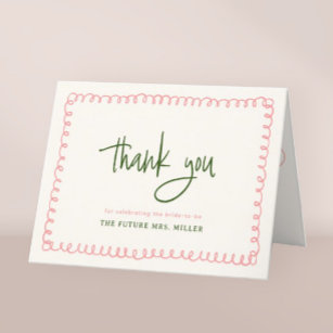 Hand Drawn Pink and Green Colourful Bridal Shower Thank You Card