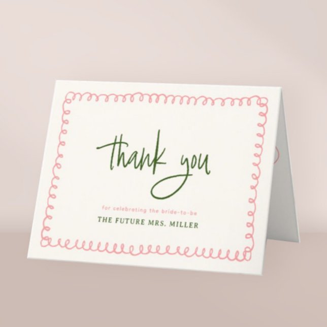 Hand Drawn Pink and Green Colourful Bridal Shower Thank You Card (Creator Uploaded)