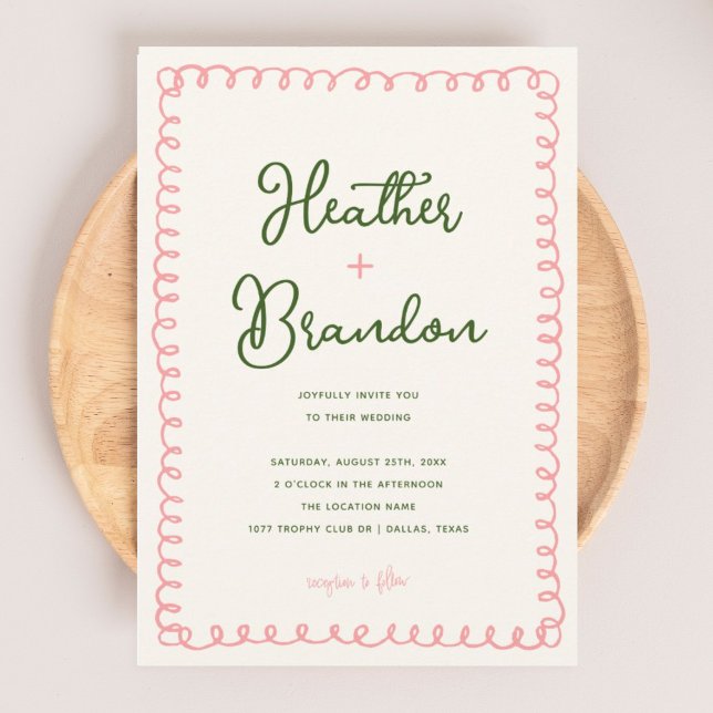 Hand Drawn Pink and Green Colourful Wedding Invitation (Creator Uploaded)