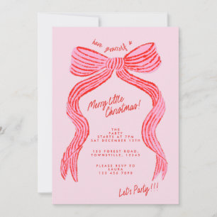 Hand Drawn Pink and Red Bow Christmas Party Invitation