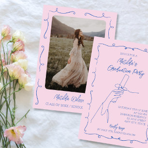 Hand Drawn Pink & Blue Photo Graduation Party Invitation