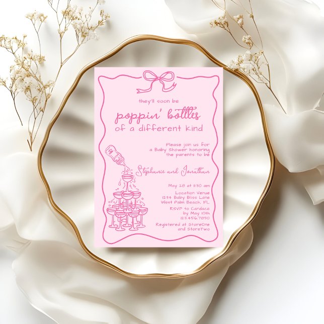 Hand Drawn Pink Bottle Champagne Tower Baby Shower Invitation (Creator Uploaded)