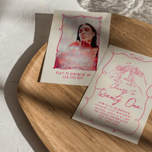 Hand Drawn Pink Bow 21st Photo Birthday Party Invitation