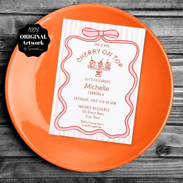 Hand Drawn Pink Bow Cherry on Top Girl Birthday Invitation (red and pink bow ribbon, doodle with cupcakes with cherry on top)