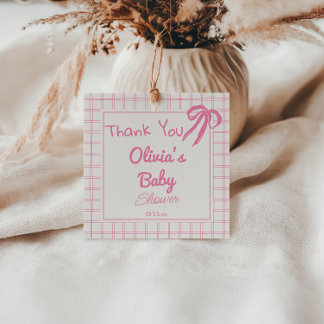 Hand Drawn Pink Bow Gingham Baby Girl Shower Favour Tags