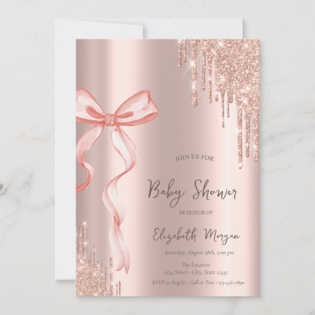 Hand Drawn Pink Bow Rose Gold Drips Baby Shower Invitation (Front)