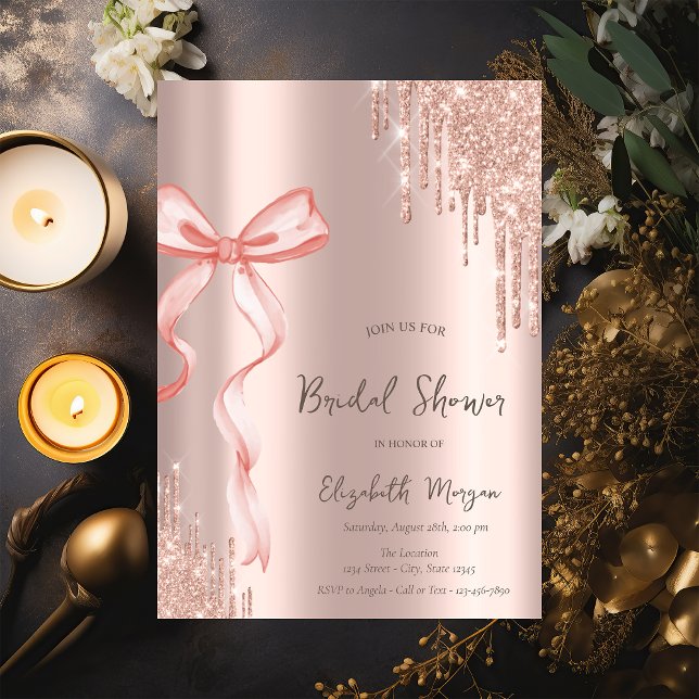 Hand Drawn Pink Bow Rose Gold Drips Bridal Shower Invitation (Creator Uploaded)