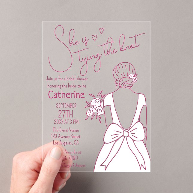 Hand Drawn Pink Bow Wedding Gown Bridal Shower Acrylic Invitations (Insitu (Handheld))
