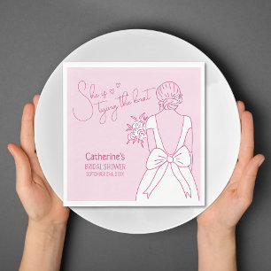 Hand Drawn Pink Bow Wedding Gown Bridal Shower Napkin