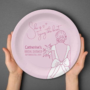 Hand Drawn Pink Bow Wedding Gown Bridal Shower Paper Plate