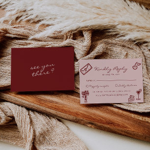 Hand Drawn Pink Burgundy Romantic Wedding RSVP Card