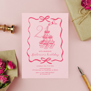 Hand Drawn Pink Champagne 21st Birthday Party Invitation