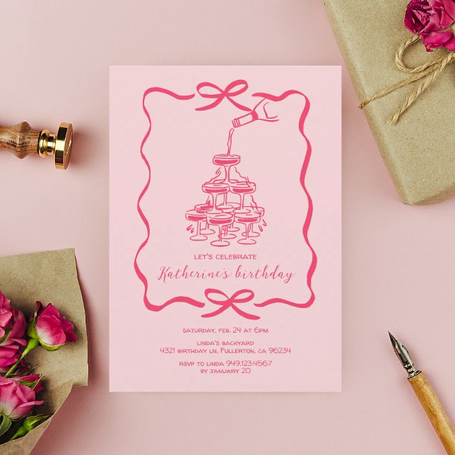 Hand Drawn Pink Champagne Tower Birthday Party Invitation (Creator Uploaded)