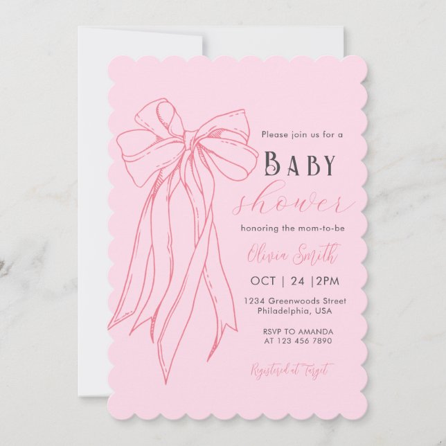 Hand Drawn Pink Coquette Bow Girl Baby Shower Invitation (Front)