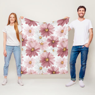 Hand Drawn Pink Daisy White Floral Pattern Fleece Blanket