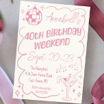 Hand Drawn Pink Disco 40th Birthday Party Weekend Invitation<br><div class="desc">Get ready for a memorable 40th birthday with this pink hand drawn disco bday party invitation! The guest of honour will be delighted to have fun with her closest ladies - this hand drawn invite shares all the details you need for the weekend and sets the tone for a wonderful...</div>