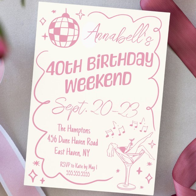Hand Drawn Pink Disco 40th Birthday Party Weekend Invitation (Pink cute hand drawn doodle 40th birthday girls weekend itinerary invitation disco party pink)