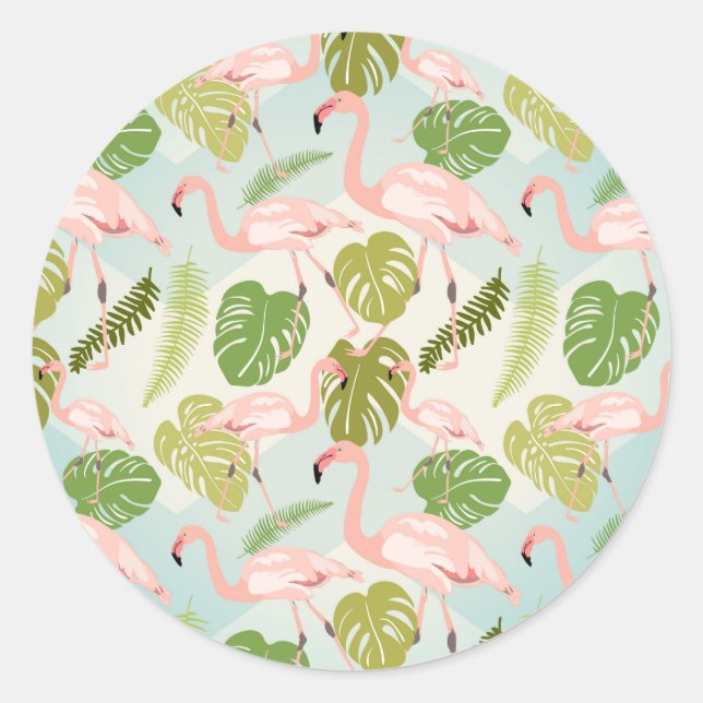 Hand drawn pink flamingo and monstera leaves. Seam Classic Round Sticker (Front)