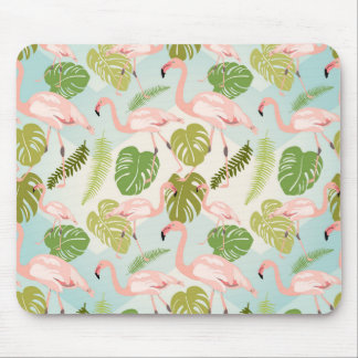 Hand drawn pink flamingo and monstera leaves. Seam Mouse Mat