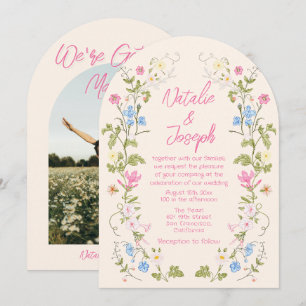 Hand Drawn Pink Floral Summer Arched Photo Wedding Invitation