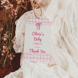 Hand Drawn Pink Gingham Bow Baby Girl Shower Gift Tags