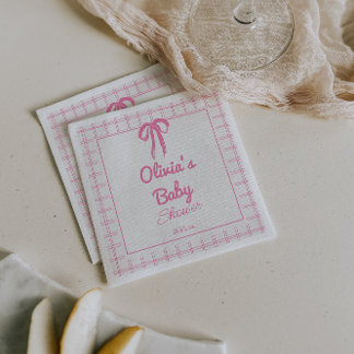 Hand Drawn Pink Gingham Bow Baby Girl Shower Napkin