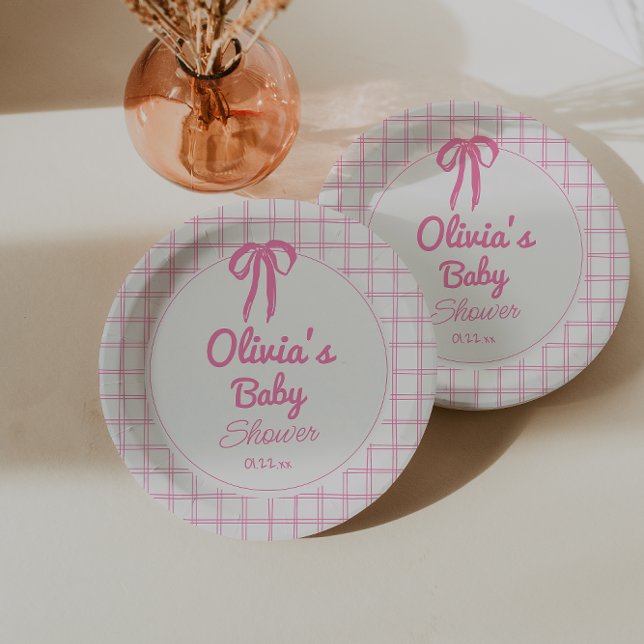 Hand Drawn Pink Gingham Bow Baby Girl Shower Paper Plate (Creator Uploaded)