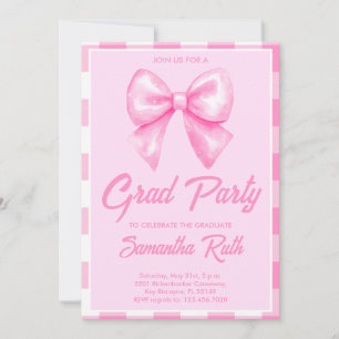 Hand Drawn Pink Gingham Bow Graduation Party Invitation
