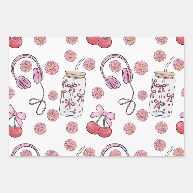 Hand-drawn Pink Girly Elements Seamless Pattern Wrapping Paper Sheet (Front)